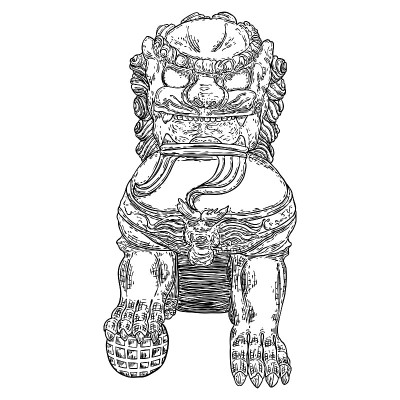中国守护狮子雕像手绘插图。由石头制成的中国传统建筑装饰。石狮或石狮的保护有害的精神影响。向量。