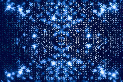 蓝色矩阵数字背景。抽象的网络空间的概念。人物倒了。来自符号流的矩阵。虚拟现实设计。复杂的算法数据黑客