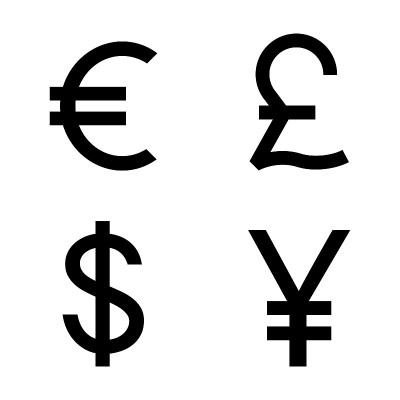 世界货币符号集合。四个最受欢迎的货币标志。