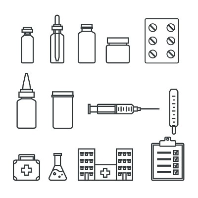 医疗线性图标集。药品药丸医院注射器温度计illlustration向量。