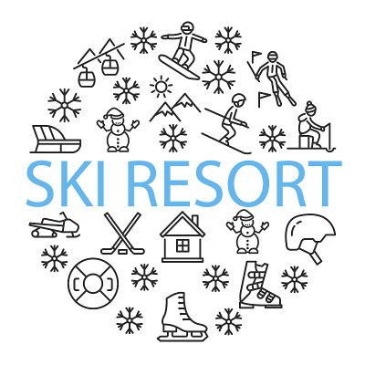 冬季运动圈旗帜与平线图标。矢量插图滑雪胜地符号在白色背景包括滑雪者，障碍，滑雪板，索道，设备。在中间