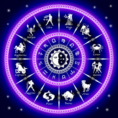 紫蓝霓虹星座圈。圈出黄道十二宫。向量