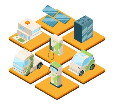 电机站。等距3d景观与环保汽车