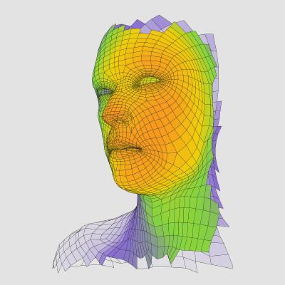 从3d网格的人的头。人体头部电线模型。人类的多边形。面扫描。人头视图。三维几何脸设计。三维多边形覆盖