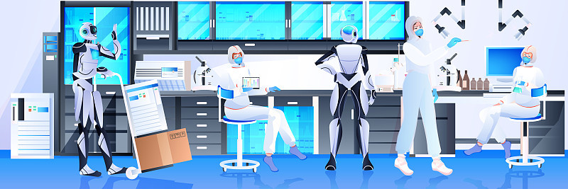 机器人与科学家穿着防护服在实验室进行基因工程人工智能概念实验