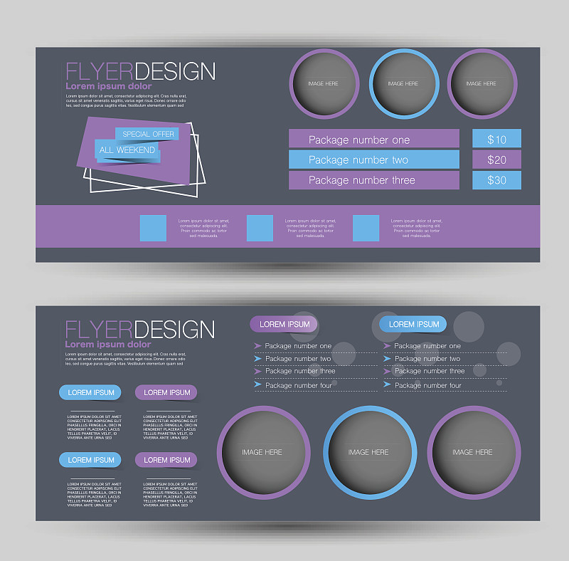 传单横幅或网页标题模板集。矢量插图推广设计背景。蓝色和紫色。