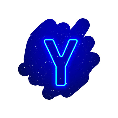 LED蓝光霓虹灯字体。现实的霓虹灯爆炸。字母Y夜空中闪烁的字母。