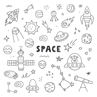 手绘的可爱空间集。涂鸦素描风格。向量线性插图。行星，外星人，火箭，不明飞行物，星星被隔离在白色的背景