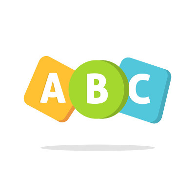 Abc英语字母标志或学习学校课程图标为孩子或儿童语言课程矢量平面卡通插图，说话或词汇学习符号在有趣的