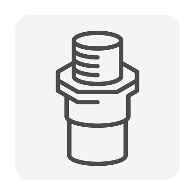 PVC或塑料管道配件矢量图标。适配器类型包括滑套开口一端和外螺纹NPT螺纹。安装在管道系统中用于给排