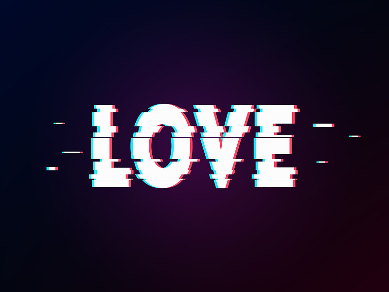 Glowing word “love“ with glitch effect on dark gra