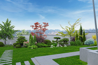 现代后院与东方灵感的背景，3D渲染
