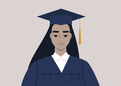 一场毕业典礼，一幅穿着长袍戴着帽子的亚洲女学生的肖像