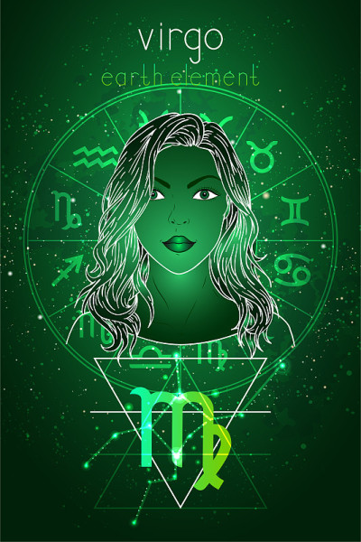 矢量插图处女座星座，星座和肖像美丽的女孩。