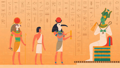 埃及壁画。文化古代人物画在墙上历史埃及背景与神奥西里斯法老阿努比斯精确矢量集