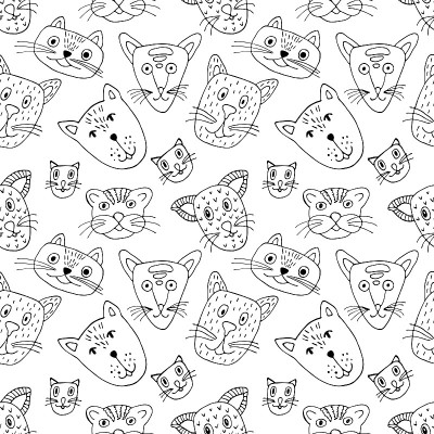 黑色轮廓有趣的猫无缝图案在涂鸦风格。矢量插图。手绘线条艺术形象。