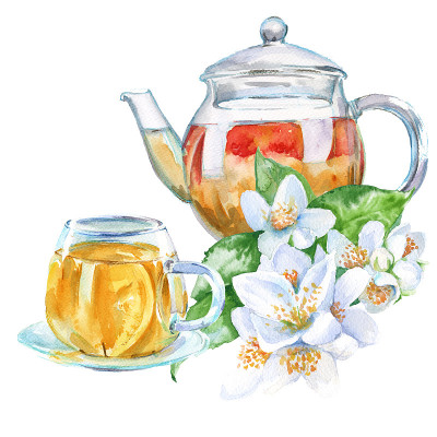 茶壶和杯子。茉莉花绿茶。孤立。水彩生病