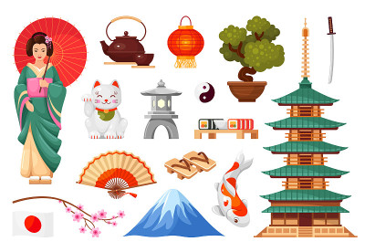 Japanese cultural symbols set. Woman in kimono wit