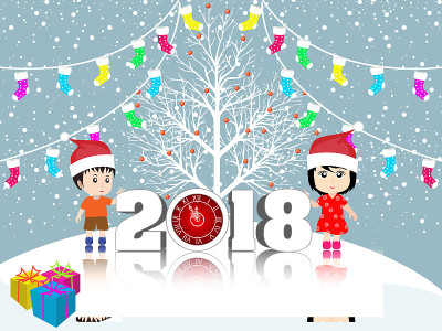 明信片2018年新年快乐，和有趣的孩子们圣诞快乐