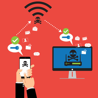 黑客使用KRACK方法从移动设备窃取重要数据，利用wifi黑客对WPA2密钥安全。矢量插图KRACK