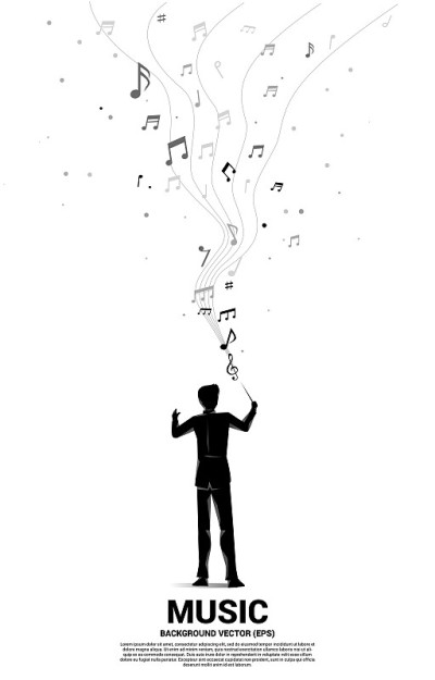 矢量剪影的指挥站与飞行的音符。