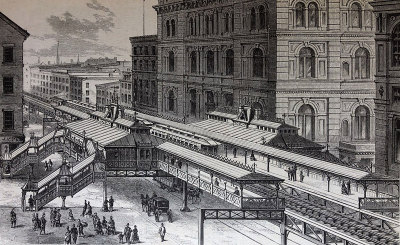 古董插图-纽约1881 -街角或第六大道和第二十三街-高架铁路和车站