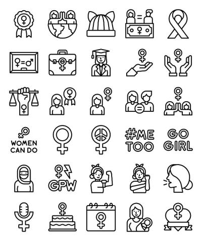 女权主义相关线图标设置，矢量插图