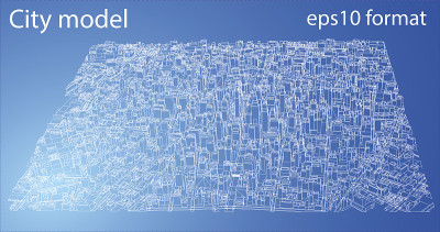 线框城市，蓝图风格，3D渲染矢量插图
