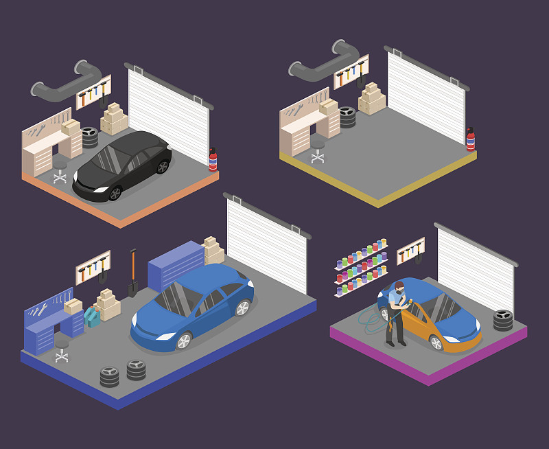 等距平面3d室内工作场所和工具在车库。