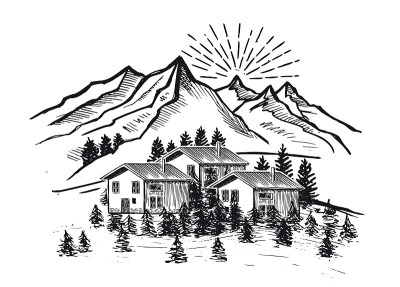山地景观，矢量插图，素描风格。