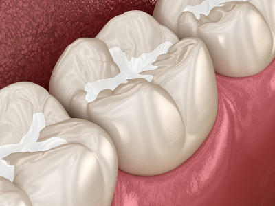 磨牙裂隙牙科填补，医学上精确的3D插图牙科概念