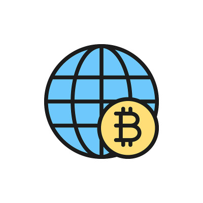 全球有比特币，区块链，加密网络平面颜色图标。