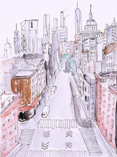 纽约街景水彩画，现代艺术作品，美国城市，插图纽约。