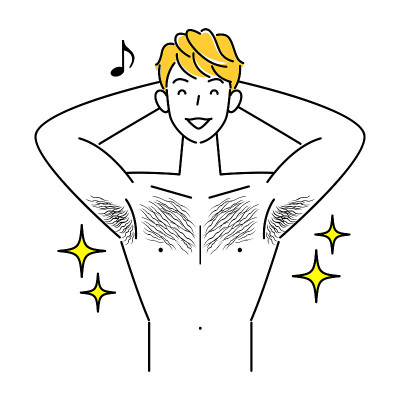 一个可爱的微笑男人赤裸着上身炫耀着他的汗毛。插图。Simple.Vector。