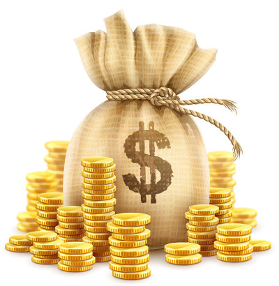 满满一袋的现金，金币。矢量插图。