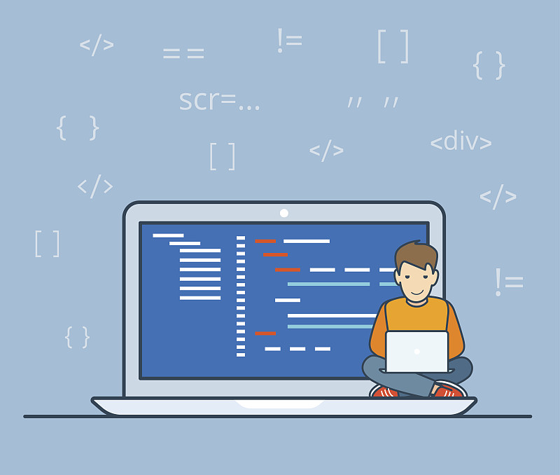 线性平面程序员坐在大笔记本电脑编码矢量插图。技术与软件，APP概念。