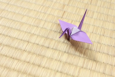 紫色纸鹤坐在日本传统的榻榻米地板垫子上