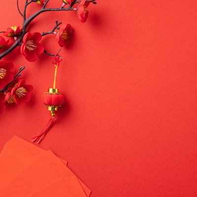 以中国农历新年为背景设计概念，以红梅和节日装饰。