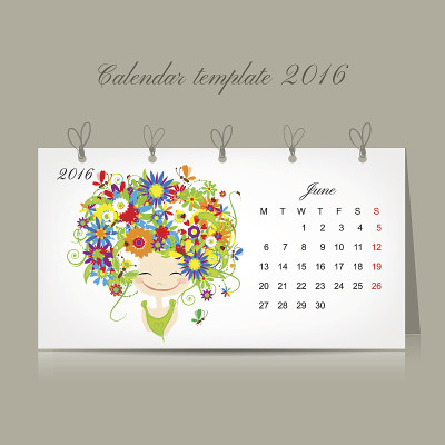 日历2016年6月。季节女孩设计
