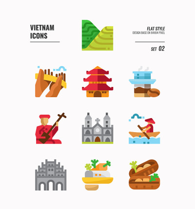越南图标集2。包括地标、人、食物、文化等等。平的图标设计。矢量图