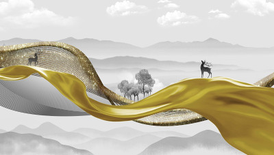 3d艺术壁画景观壁纸。山鹿金色的波浪线和树木在浅灰色的背景。