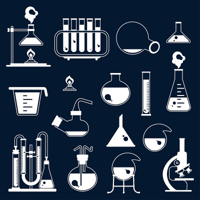 一套实验室设备的白色图标。化学与物理科学