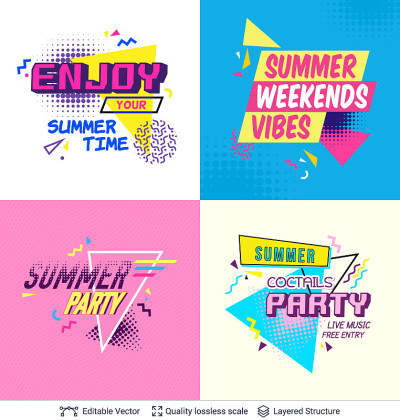 Set of summer season ad posters in pop-art style.