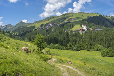 在奥地利佛拉尔贝格的布雷根茨森林山上，一名骑电动山地车的妇女