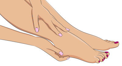 女性双腿赤脚，侧视。女人的双手在做脚部按摩