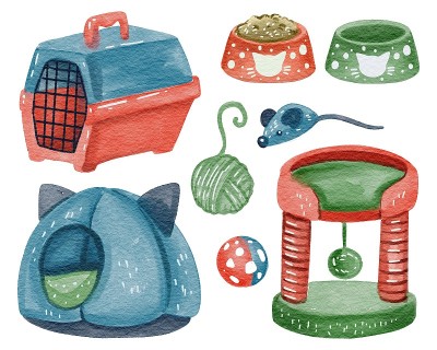 手绘水彩画家猫用品:玩具、喂食器、搬运器、床。用于宠物商店、卡片、海报、明信片、印刷、纺织品、包装袋