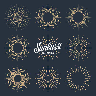 Vintage sunburst collection. Bursting sun rays. Fi