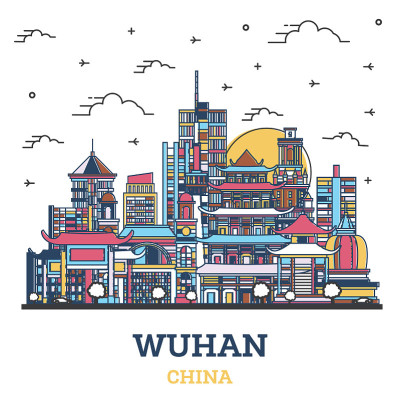 Outline Wuhan China City Skyline with Colored Hist