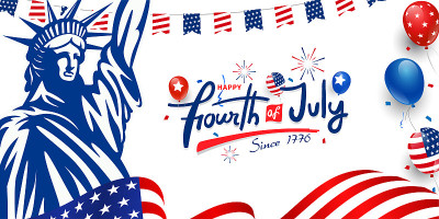 庆祝快乐的7月4日自1776年以来的定制字体，排版设计与气球，美国的烟花飘扬的旗帜，自由女神像，美国