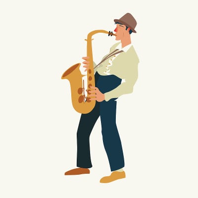 萨克斯。爵士或布鲁斯音乐家，这个人吹萨克斯风。在白色背景上孤立的物体。矢量插图。
